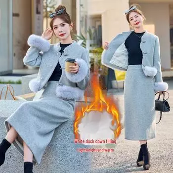 Зимний модный костюм-двойка: Пуховик и юбка из лисьего меха YJ6879 M (90-110 jin) серый