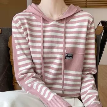 Зимний модный мягкий свитер из чистой шерсти, осенний женский свитер с капюшоном и воротником в полоску, кашемировый свободный повседневный трикотажный базовый топ XXL чёрный