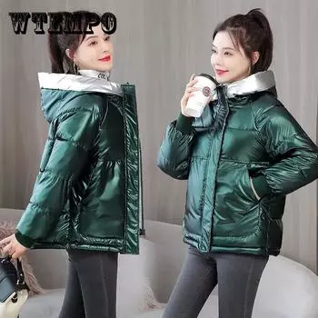 Зимний модный женский яркий кожаный пуховик, короткий цветной толстый свободный одноразовый пуховик с капюшоном