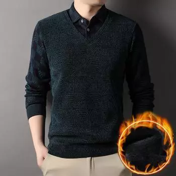 Зимний мужской бархатный свитер, искусственная теплая футболка в клетку из двух частей, утепленная бархатная футболка для пап среднего и пожилого возраста M