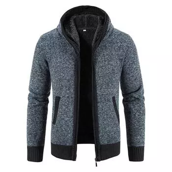 Зимний мужской облегающий флисовый утолщенный свитер вязаный свитер молодежная мода повседневная куртка с капюшоном M синий