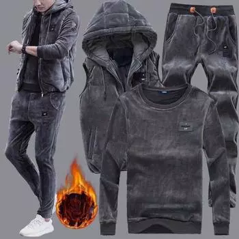 Зимний мужской спортивный костюм из золотого бархата для молодежи, студентов, плюс бархатный толстый повседневный свитер, костюм-тройка XXXXL чёрный