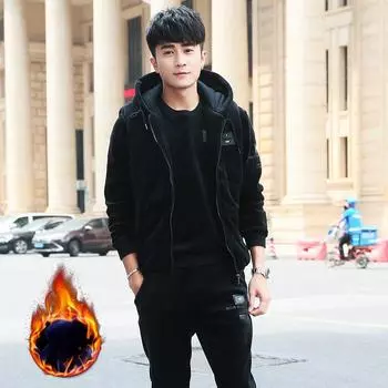 Зимний мужской спортивный костюм из золотого бархата для молодежи, студентов, плюс бархатный толстый повседневный свитер, костюм-тройка S чёрный