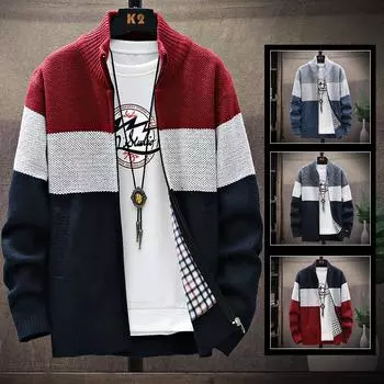 Зимний мужской свитер с длинными рукавами, кардиган с лацканами и пуговицами, вязаный свитер, куртка, теплая куртка, вязаный кардиган L синий