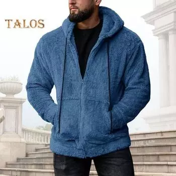 Зимний мужской свитер с капюшоном, застежкой-молнией, длинными рукавами, затягивающимся шнурком, плотный плюшевый однотонный кардиган с карманами, средней длины, уличное термопальто L коричневый