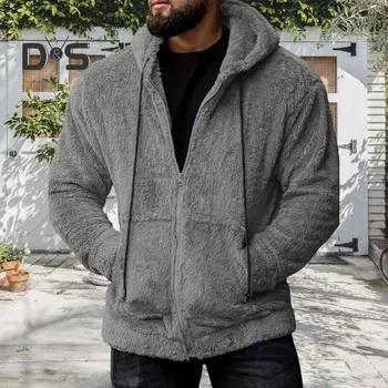 Зимний мужской свитер с капюшоном, застежкой-молнией, длинными рукавами, затягивающимся шнурком, плотный плюшевый однотонный кардиган с карманами, средней длины, уличное термопальто XL синий