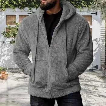 Зимний мужской свитер с капюшоном, застежкой-молнией, длинными рукавами, затягивающимся шнурком, плотный плюшевый однотонный кардиган с карманами, средней длины, уличное термопальто L синий