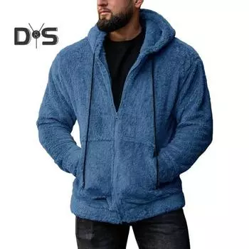 Зимний мужской свитер с капюшоном, застежкой-молнией, длинными рукавами, затягивающимся шнурком, плотный плюшевый однотонный кардиган с карманами, средней длины, уличное термопальто M коричневый