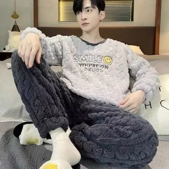 Зимний мужской свитер с круглым вырезом, утолщенный фланелевый плюшевый жаккардовый с рисунком для молодых мужчин, теплый пижамный комплект из кораллового флиса, домашняя одежда для мужчин L