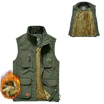 Зимний мужской теплый жилет с несколькими карманами, топ без рукавов, жилет для рыбалки, жилет для фотографии и бархатный жилет M зелёный