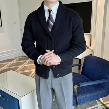 Зимний мужской трикотажный кардиган на пуговицах, свитер, пальто с длинным рукавом, повседневный уличный костюм, воротник, однотонное винтажное пальто XS чёрный