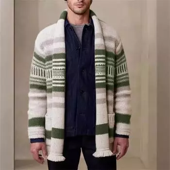 Зимний мужской утолщенный полосатый кардиган свитер вязаная теплая куртка L белый