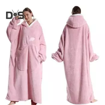 Зимний носимый халат-одеяло с большим карманом, толстый двухсторонний флис, свободные длинные рукава, пижама, сохраняющая тепло, полная защита, домашний ленивый рукав розовый