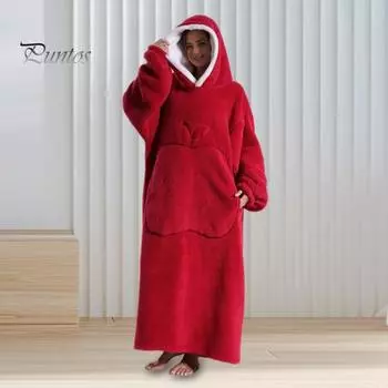 Зимний носимый халат-одеяло с большим карманом, толстый двухсторонний флис, свободные длинные рукава, пижама, сохраняющая тепло, полная защита, домашний ленивый рукав красный