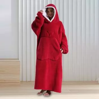 Зимний носимый халат-одеяло с большим карманом, толстый двухсторонний флис, свободные длинные рукава, пижама, сохраняющая тепло, полная защита синий