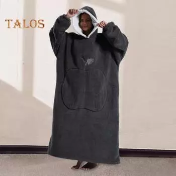 Зимний носимый халат-одеяло с большим карманом, толстый двухсторонний флис, свободные длинные рукава, пижама, сохраняющая тепло, полная защита, домашний ленивый рукав темно-серого