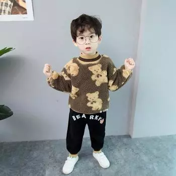 Зимний новый детский круглый вырез с принтом в виде медведя в стиле вестерн плюс толстый бархатный свитер из двух частей 80cm коричневый