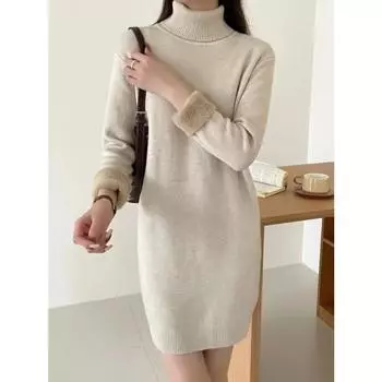 Зимний новый флисовый утолщенный термобелье базовый слой свитер женский с высоким воротом и длинными рукавами миди платье One Size белый