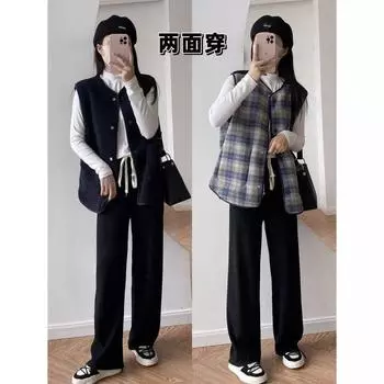 Зимний новый клетчатый жилет с обеих сторон из зернистой овечьей шерсти, теплый свободный кокон, короткий жилет без рукавов для женщин S абрикосовый