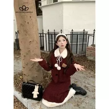 Зимний новый красный двухсекционный костюм-сращивание нежное французское высококачественное длинное пальто повседневный стиль длинное пальто S