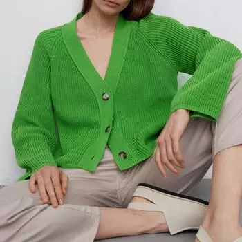 Зимний новый модный темпераментный вязаный кардиган женский свободный однобортный свитер с v-образным вырезом женский однотонный минималистичный трикотаж One size зелёный
