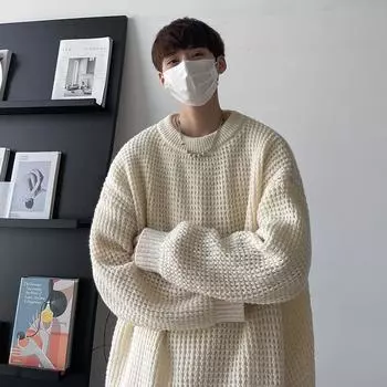 Зимний новый мужской однотонный свитер с круглым вырезом, ленивый стиль, японский ретро вязаный свитер, сложенный с американским винтажным пальто M чёрный