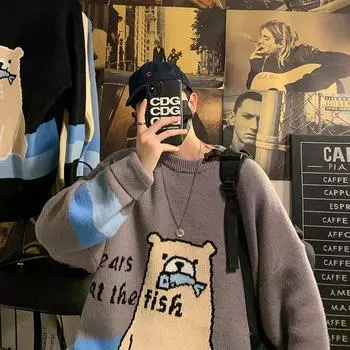 Зимний новый мужской свободный и ленивый утолщенный пуловер вязанной нижней части M бежевый