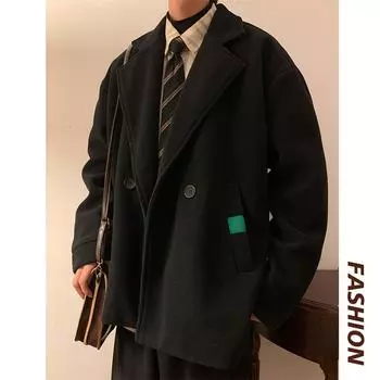 Зимний новый мужской толстый ретро свободный оверсайз высококачественный модный брендовый повседневный пиджак японский шерстяной костюм M бежевый