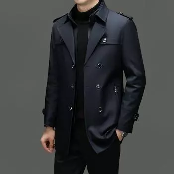 Зимний новый мужской тренчкот средней и длинной длины с двубортным ремнем, облегающий хлопковый тренчкот 170 чёрный