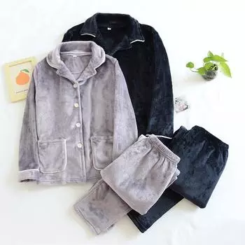 Зимний новый парный пижамный комплект из фланели, утолщенные теплые брюки с длинными рукавами, двухкомпонентная однотонная мужская и женская домашняя одежда M