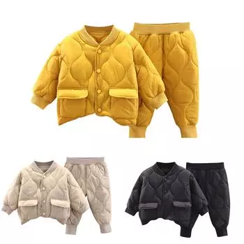 Зимний новый повседневный комплект из двух частей из плюшевой клетчатой ткани с длинными рукавами для мальчиков, повседневная теплая однотонная хлопковая куртка 100 жёлтый