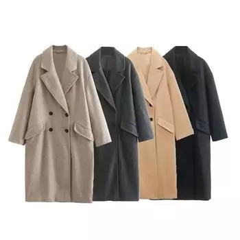 Зимний новый продукт Женская мода и повседневная универсальная двубортная пуговица с воротником-стойкой длинное шерстяное пальто Coat Co S чёрный