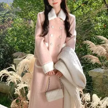 Зимний новый розовый утепленный комплект из двух предметов, повседневное длинное пальто, высококачественное женское пальто, сексуальное длинное пальто S