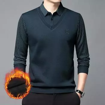 Зимний новый стиль плюс флисовый поддельный мужской теплый топ среднего возраста в полоску с лацканами для папы, основа пальто 165-M серый