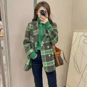 Зимний новый стиль, повседневная двухрядная куртка с решетчатой пряжкой и лацканами, шерстяная куртка S зелёный