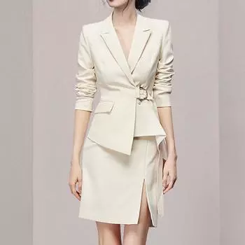 Зимний новый стиль, женская элегантная модная куртка и юбка с поясом, офисные женские костюмы с юбкой L бежевый