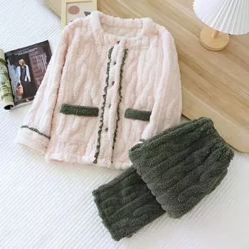 Зимний новый стиль, женский пижамный комплект, простые фланелевые брюки с длинным рукавом в стиле вестерн, комплект из двух предметов из утолщенного кораллового бархата для дома M зелёный