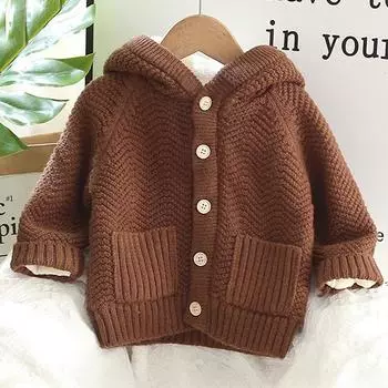 Зимний новый свитер для мальчиков, куртка с подкладкой из бархата, сохраняющая тепло, пальто с капюшоном для девочек 1-8 лет, вязаный кардиган 80cm