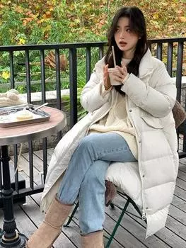 Зимний новый свободный и модный женский пуховик, утепленный длинный белый пуховик с утиным воротником S чёрный