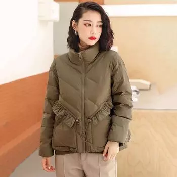 Зимний новый темперамент литературный грибок край сращивание белый утиный пух завязка на талии короткий воротник-стойка легкий пуховик S кофейный