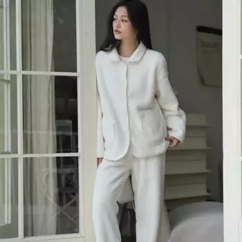 Зимний новый теплый бархатный пижамный комплект с маленьким воротником, простая, повседневная, теплая, плотная домашняя одежда, комплект из двух предметов One Size