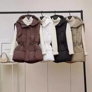 Зимний новый утолщенный хлопковый жилет с капюшоном свободный хлопковый жилет теплая безрукавка модная талия и тонкий M80-60kg