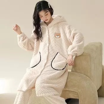 Зимний новый утолщенный кардиган с длинным рукавом, комплект из 2 предметов, женская фланелевая домашняя одежда с капюшоном, милый комплект для отдыха с героями мультфильмов M