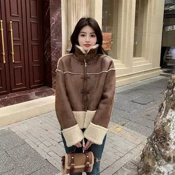 Зимний новый винтажный мех ягненка и искусственный мех с добавлением коричневого меха короткое пальто женский теплый мотоциклетный костюм S