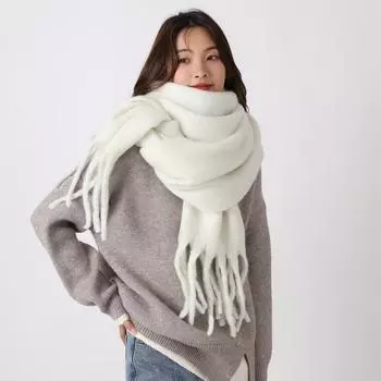 Зимний новый женский и парный белый шарф 2024 года, мохеровый шарф, студенческий мягкий липкий однотонный шарф, высококачественный шарф с кисточками 220*40CM