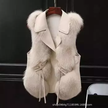 Зимний новый женский шерстяной жилет, меховой жилет, куртка, короткая, искусственный мех лисы, теплый жилет S (80-50 kg) слоновая кость