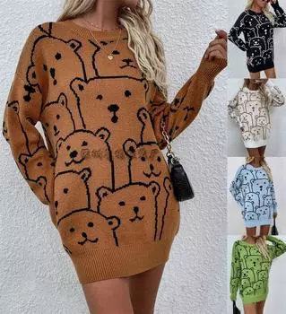 Зимний новый женский свободный вязаный свитер с круглым вырезом и принтом XL белый