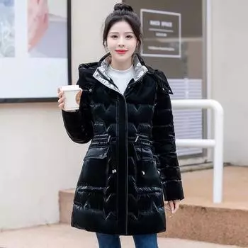 Зимний объемный глянцевый пуховик для женщин с поясом средней длины, утягивающее и утолщающее пальто M красный