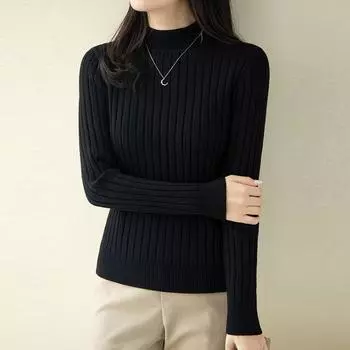Зимний однотонный облегающий вязаный свитер для женщин, модный полувысокий ворот с длинными рукавами, свитера для женщин, элегантный повседневный однотонный джемпер 25531 One Size белый