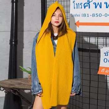 Зимний однотонный шарф, модная теплая шерстяная шапка, вязаный шарф с капюшоном 175cm